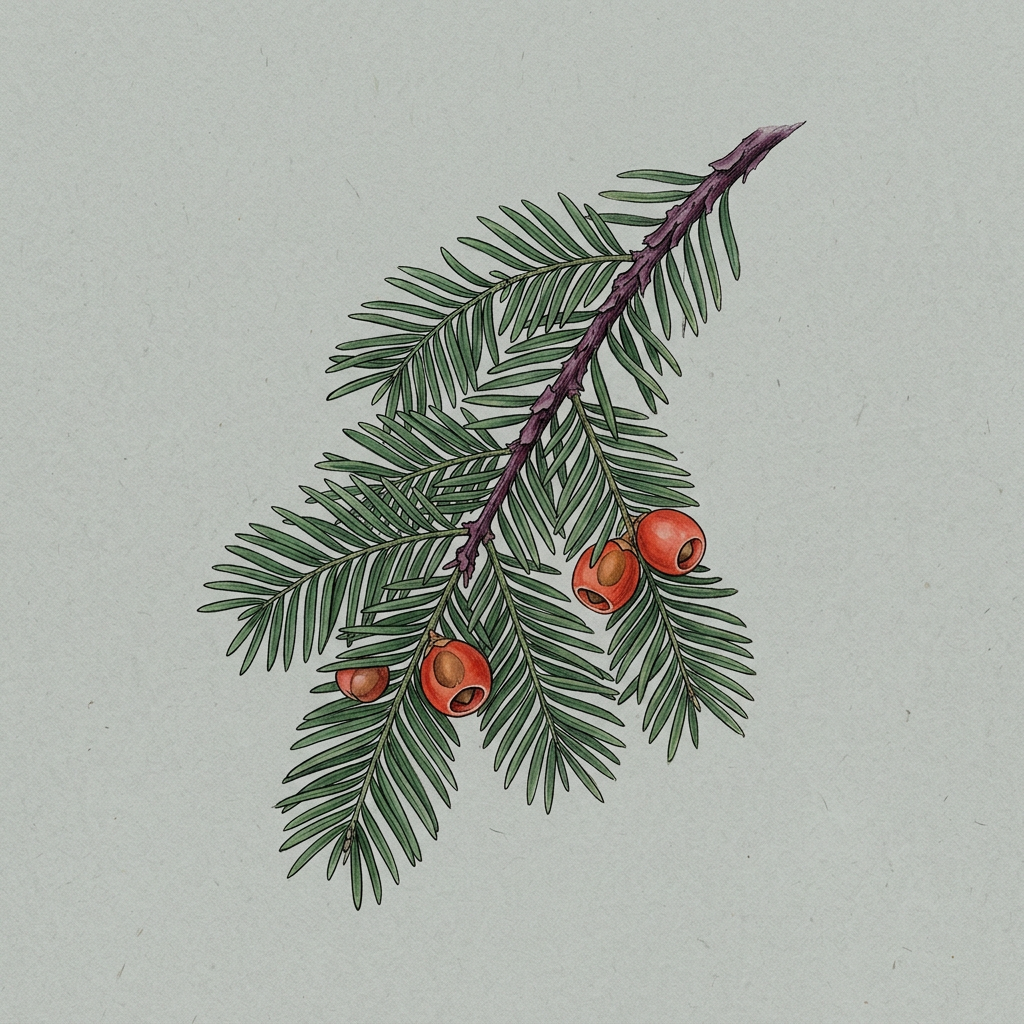 Illustration of Pacific Yew foliage and cones