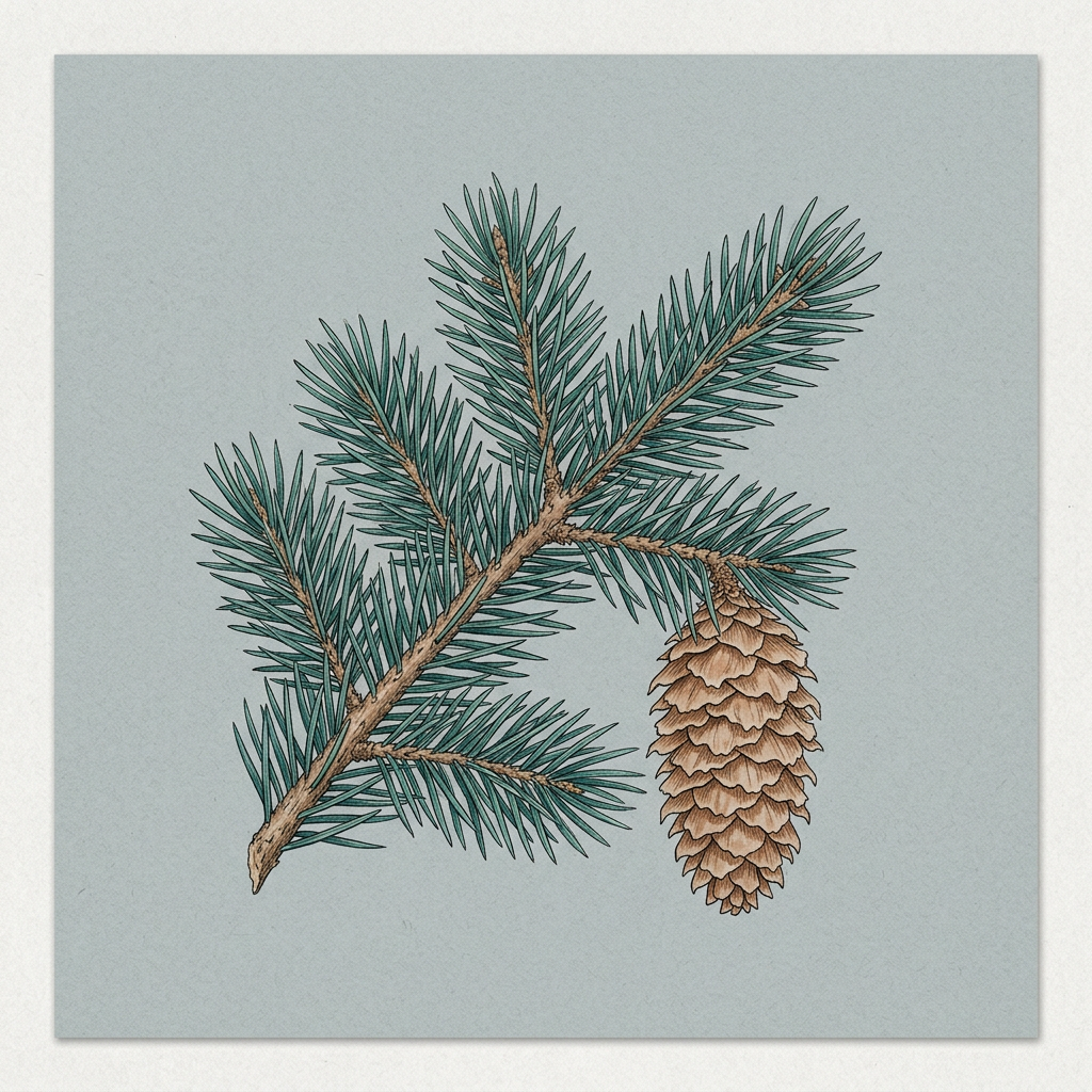 Illustration of Sitka Spruce foliage and cones